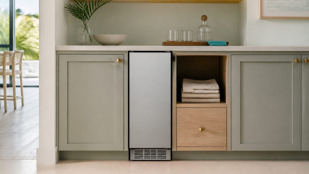 A 15-inch built-under refrigerator filling a narrow gap in a bar run, closed, stone worktop above and a stack of folded linen beside it.