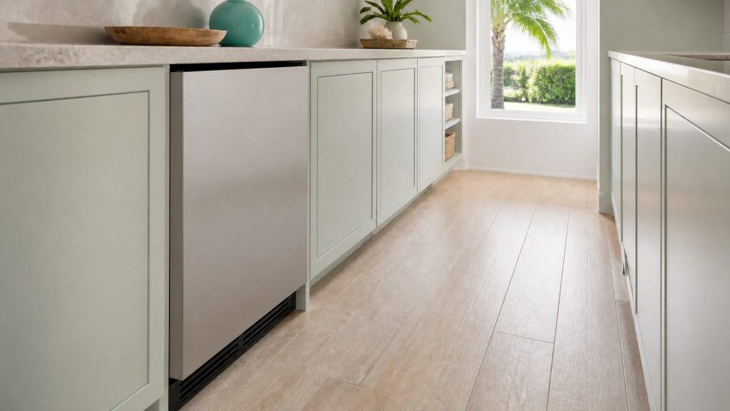 A 24-inch built-under refrigerator in a narrow galley run of pale cabinets, closed, daylight from a window at the end of the run.