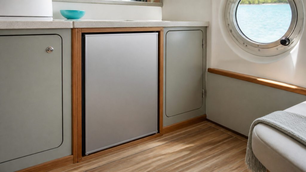 A compact built-under refrigerator fitted into a boat galley run, closed, teak trim around it and water visible through the porthole beyond.