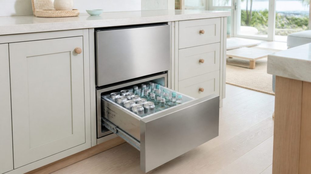 The lower of two refrigerated drawers pulled open under a counter, cans and small bottles standing upright inside on a pale liner.