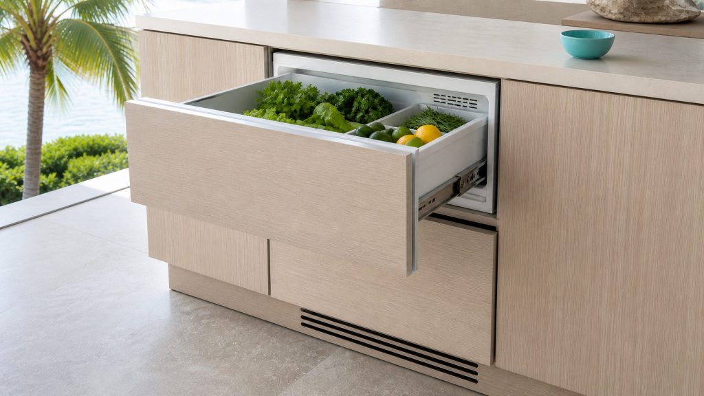 The upper of two refrigerated drawers pulled open beneath a worktop, produce lying on the cold liner inside, the lower drawer still closed.