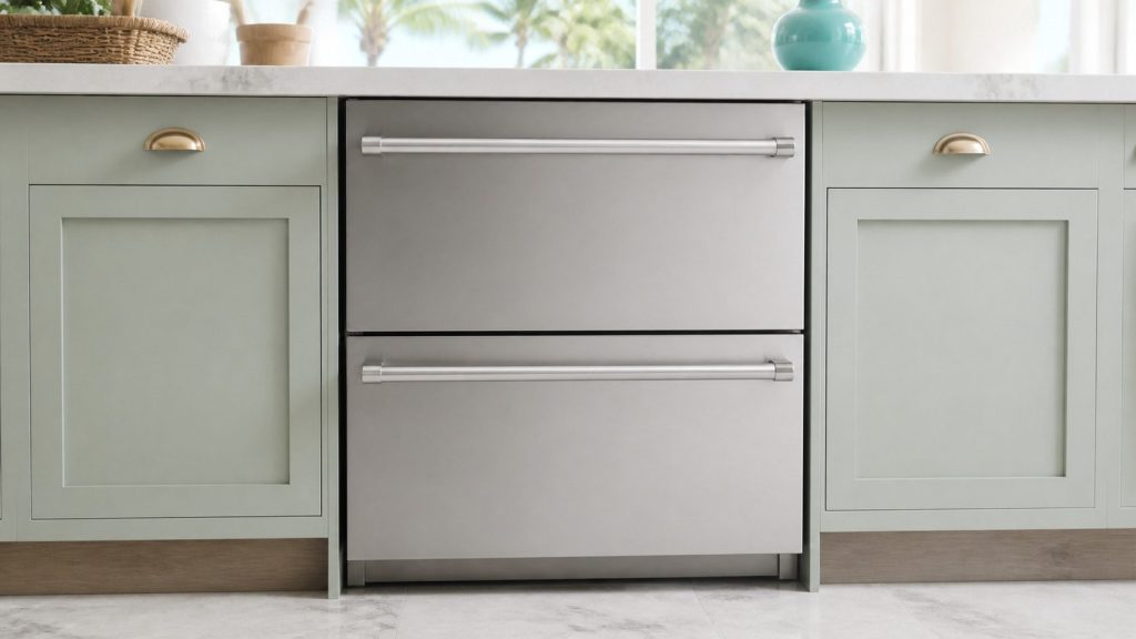 Two stacked refrigerated drawers built under a pale stone worktop, both closed, long metal handles running their full width, soft grey-green cabinetry either side.