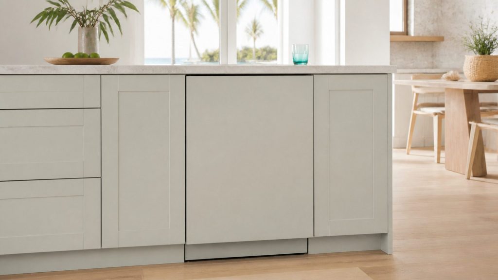 A built-under refrigerator with a handleless push-to-open panel front, flush in a pale run, a shadow gap the only sign of the door.