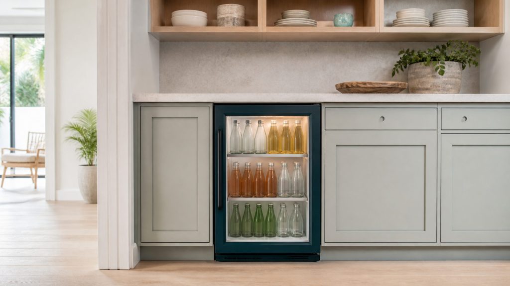 A built-under refrigerator with a glass door standing closed in a butler's pantry, the interior lit and stocked with bottles standing upright, pale shelving above.