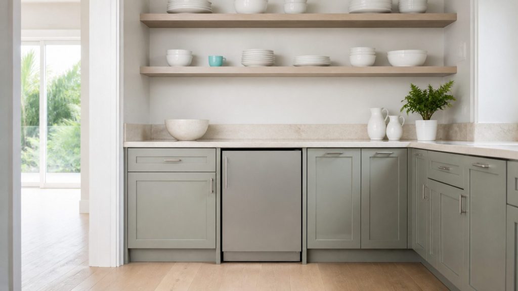 A built-under refrigerator in a butler's pantry run of soft grey-green cabinets, closed, open shelves of white china above it.