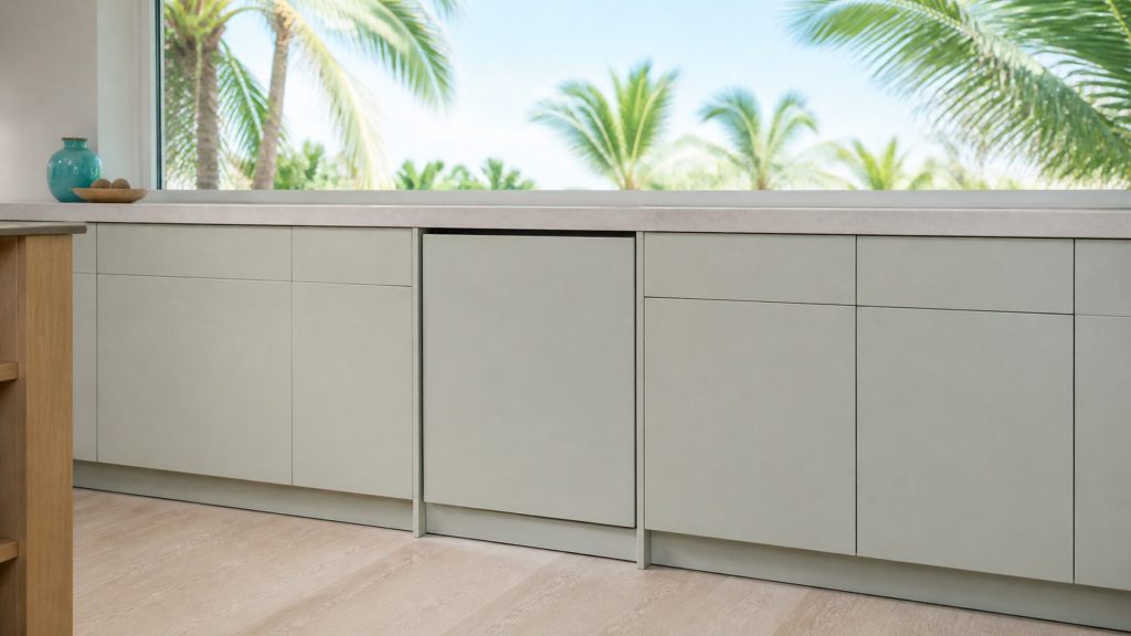 An integrated built-under refrigerator in a run beneath a wide window, closed and flush, palms and bright sky beyond the glass.