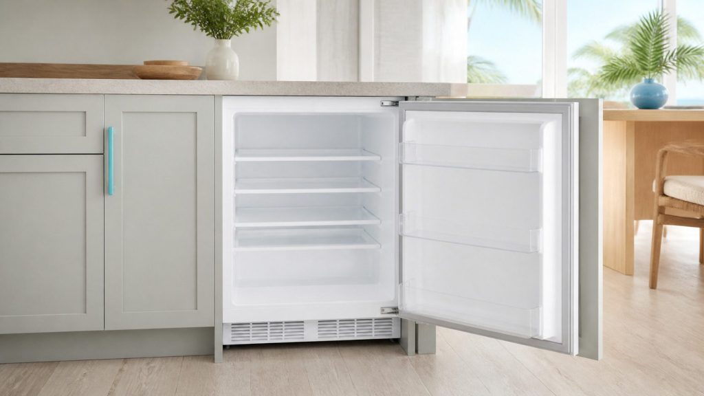 A built-under refrigerator standing open and completely empty, shelves wiped clean and dry, the seal along the door edge clearly visible.