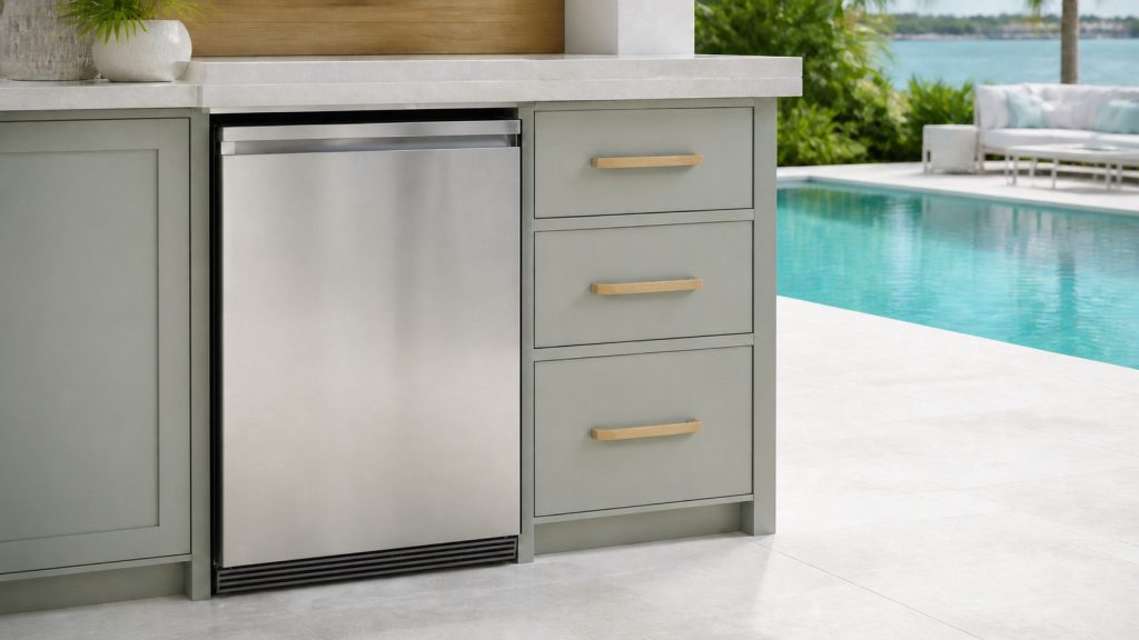 A stainless built-under refrigerator built into an outdoor kitchen run beside a pool, closed, stone counter above and turquoise water beyond.