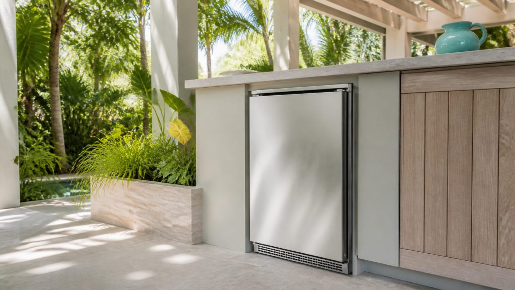 A built-under refrigerator in an outdoor counter under a pergola, closed, dappled light across its stainless front and planting behind.