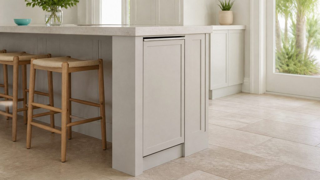 A panel-ready built-under refrigerator set into the end of a kitchen island, closed, pale stone overhang above it and two stools alongside.