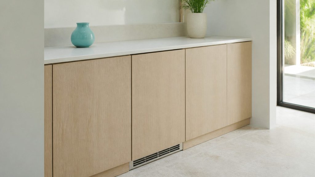 A panel-ready built-under refrigerator clad in a light oak cabinet front so it disappears into the run, only the toe-kick grille and a seam giving it away.
