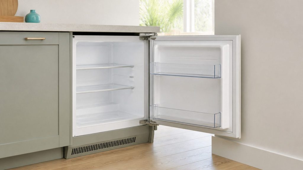 A built-under refrigerator with its door swung fully wide against a pale wall, empty glass shelves inside, the hinge side clearly visible.
