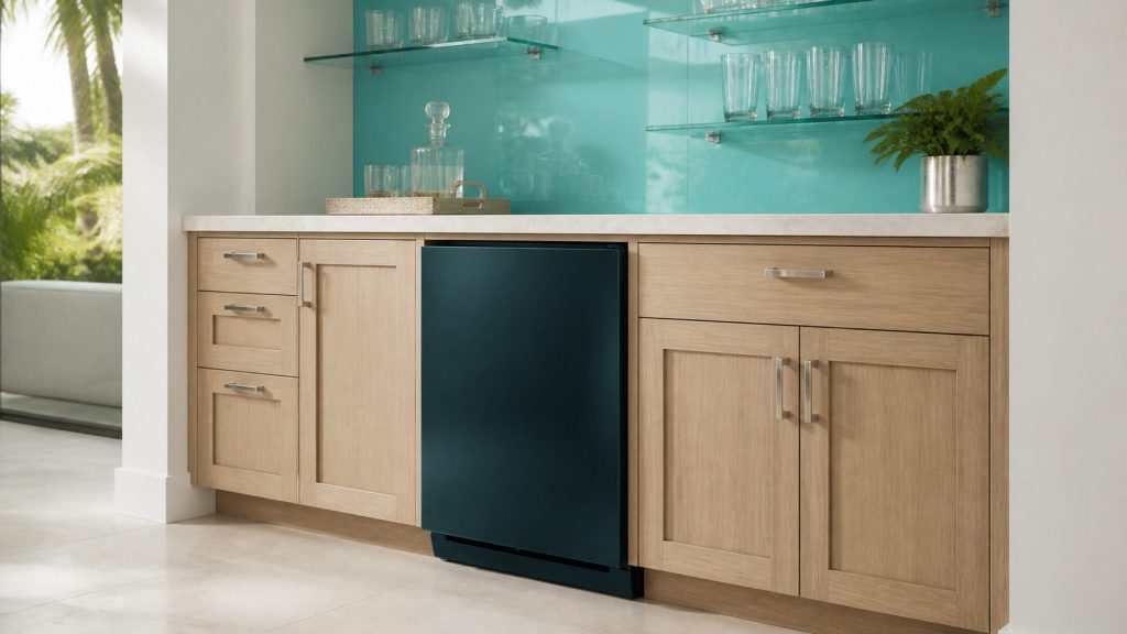 A built-under refrigerator with a dark solid door set into a home bar run, glass shelves of tumblers on the wall above, turquoise glass splashback catching the light.