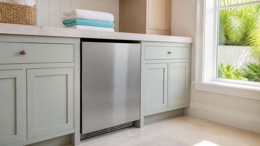 A built-under refrigerator with a solid stainless door in a utility run of pale cabinets, closed, folded towels on the worktop above and a window to one side.