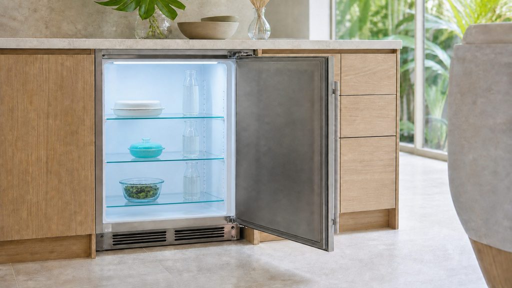 A 24-inch built-under refrigerator standing open beneath a pale worktop, three glass shelves inside holding covered dishes and bottles, the interior lit cool white, light oak cabinetry either side.