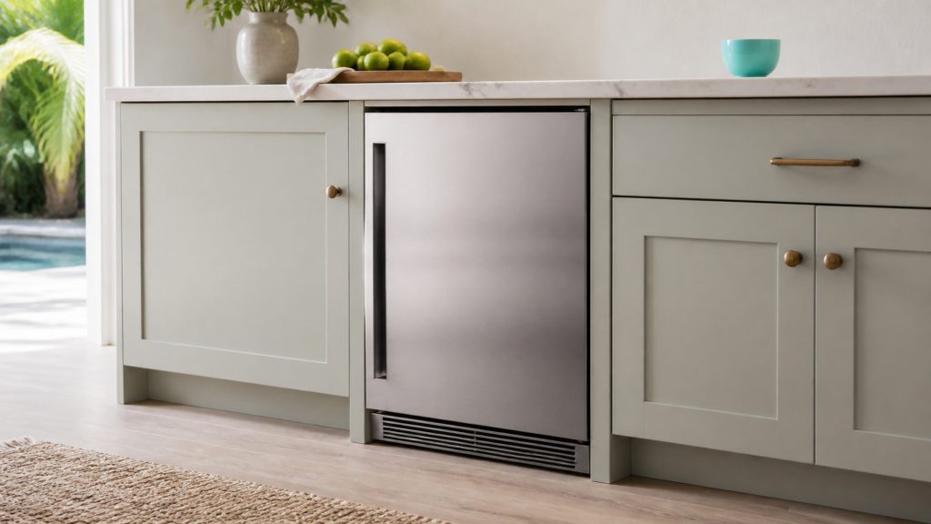 A stainless built-under refrigerator sitting flush in a run of pale grey-green base cabinets, door closed, a slim recessed pull and the ventilation grille along its base the only breaks in the front, pale stone worktop above.