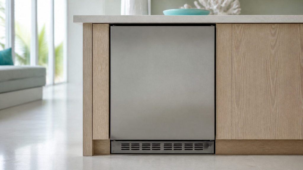 The ventilation grille along the base of a built-under refrigerator, seen low and close, pale oak toe kick either side and a dust-free floor beneath.