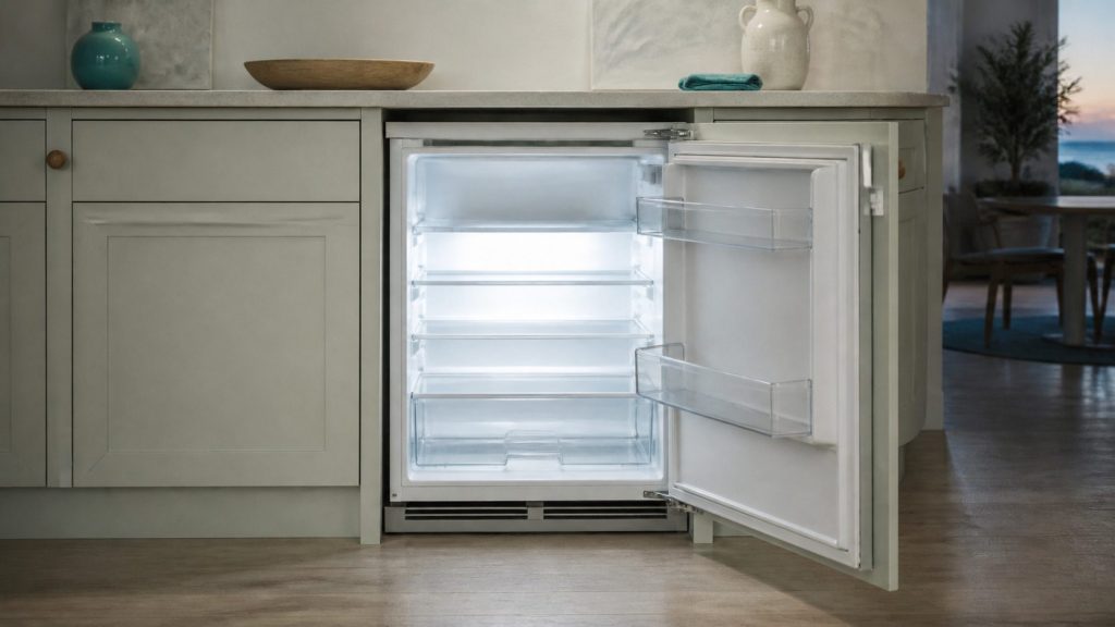 A built-under refrigerator standing open in a pale kitchen at dusk, its interior the brightest thing in the frame, the room beyond in soft teal shadow.
