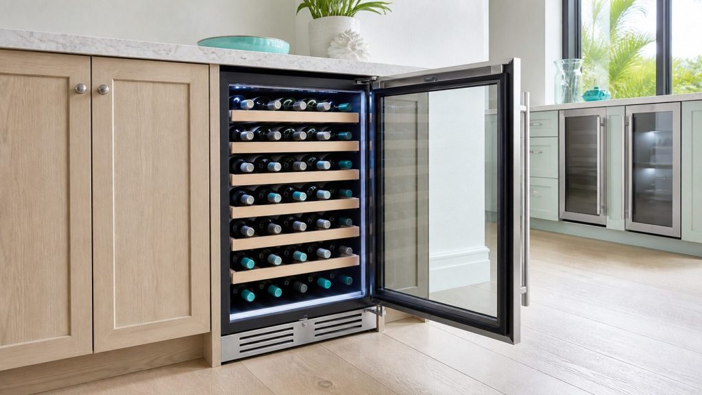 A 24-inch built-under wine cooler with every wooden runner full of bottles, door open, cool interior light, pale stone worktop above.