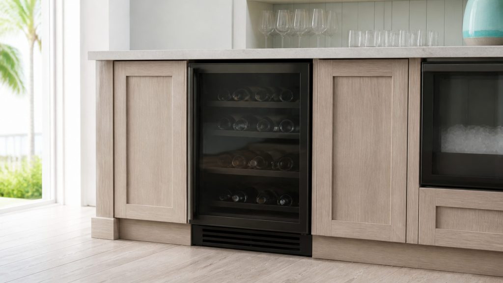 A built-under wine cooler with a dark glass door in a bar back, bottles lying inside, glassware on a shelf above catching the light.