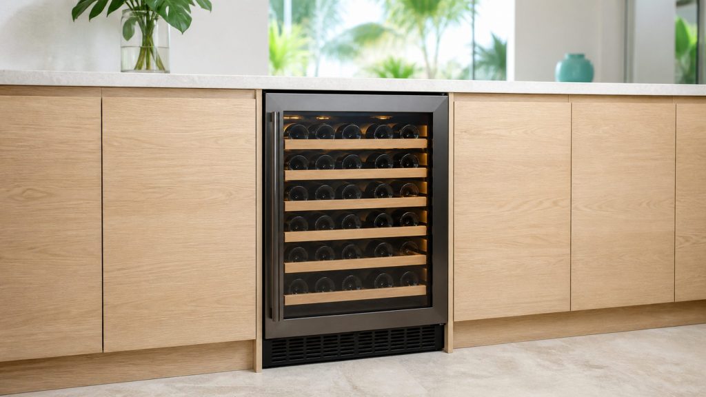 A built-under wine cooler with a glass door set flush into a light oak run, bottles lying on wooden runners inside, the interior lit warm.