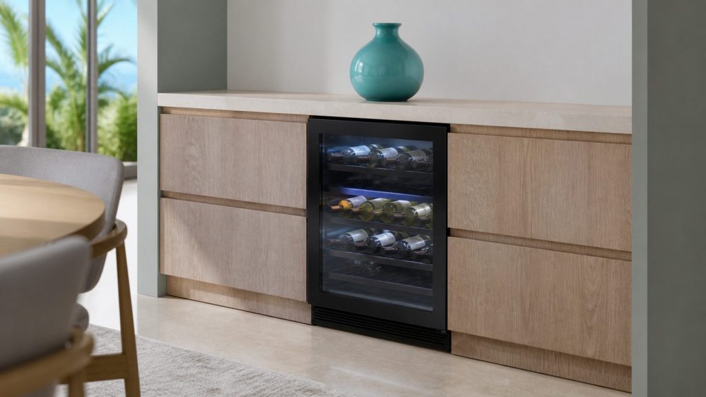 A built-under wine cooler built into a dining room credenza, glass door closed, bottles lit within, a pale wall and a single turquoise vase above.