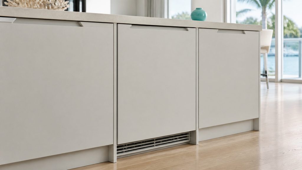 A panel-ready built-under wine cooler clad in a pale cabinet front, closed, indistinguishable from the cupboards either side but for the toe-kick grille.