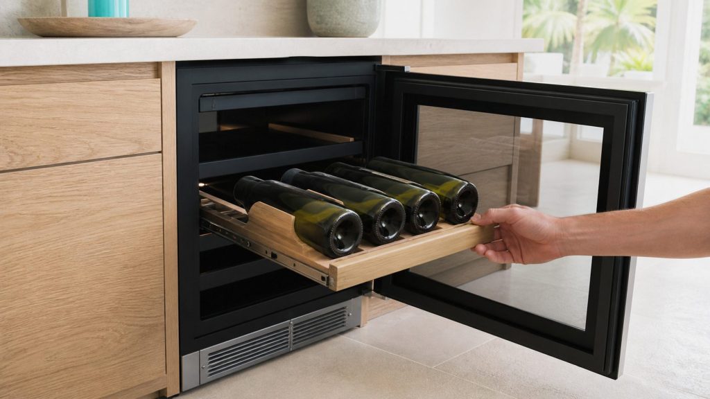 A wooden wine shelf drawn out of a built-under wine cooler on its runners, four bottles lying nose to tail along it, a hand at the shelf edge.