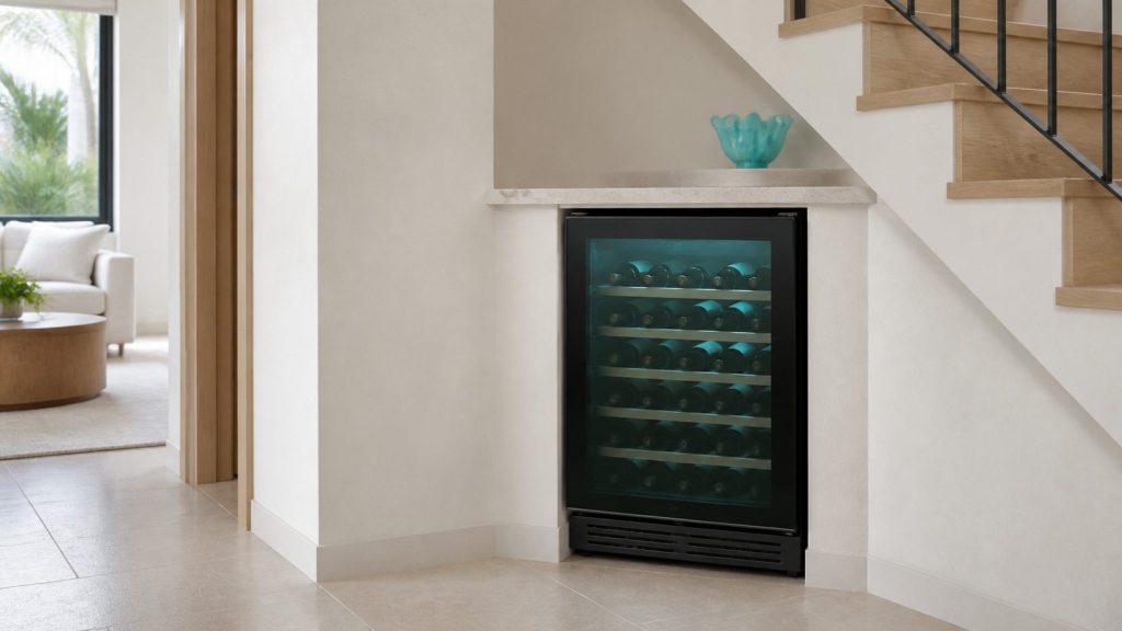 A built-under wine cooler fitted into a nook beneath a staircase, glass door closed and lit, pale plaster around it.