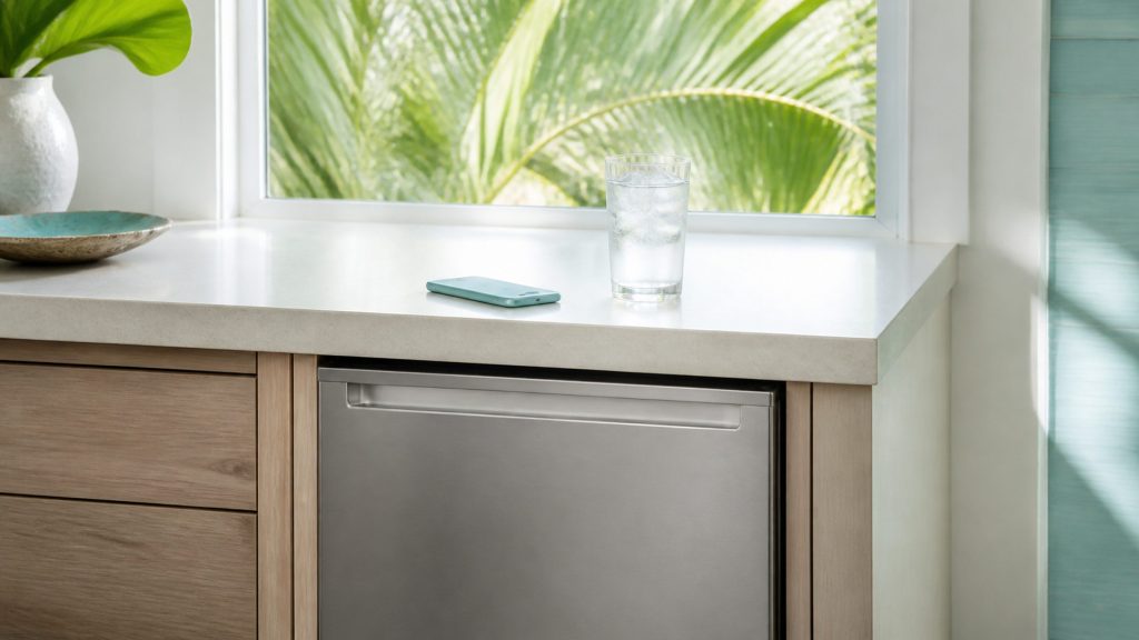 A bright pale kitchen counter beside a window looking onto palms, a phone lying face down on the stone and a glass of iced water beside it, a stainless built-under door below the counter, nobody in frame.