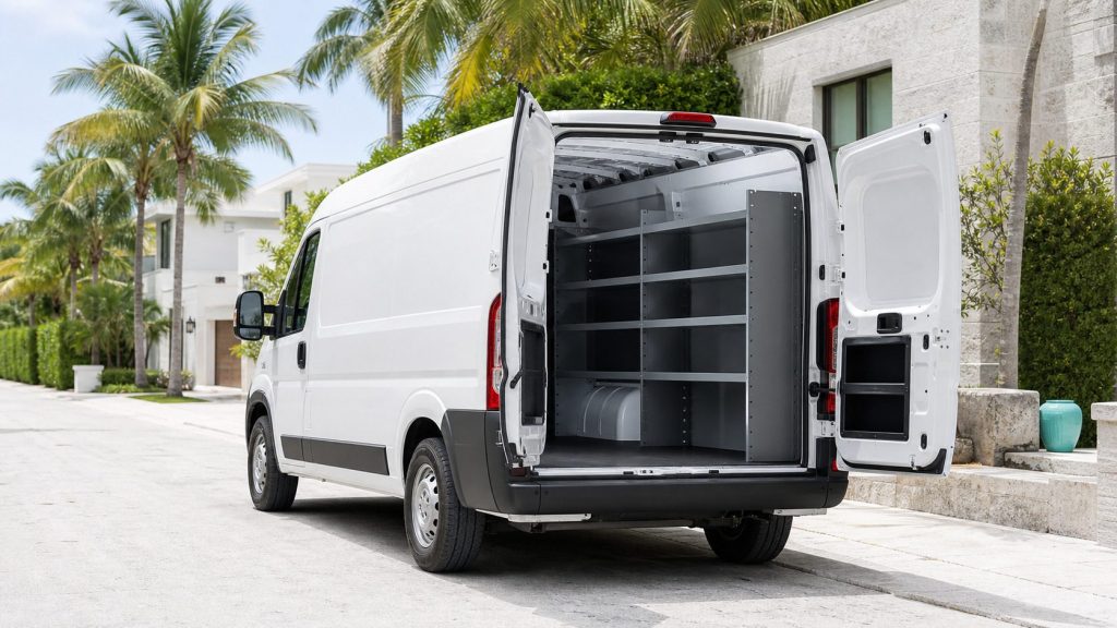 A plain white service van parked on a pale residential street lined with palms in flat bright daylight, photographed from the rear three-quarter with its back doors open on empty shelving, no lettering or livery anywhere on the vehicle.