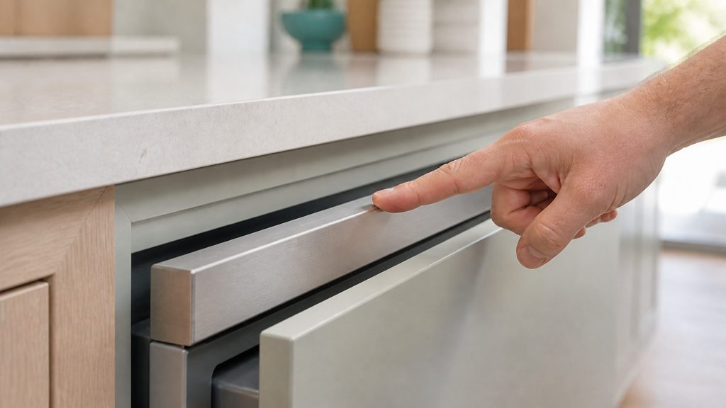 A fingertip resting on a blank brushed stainless control strip at the top inner edge of an undercounter appliance door, nothing lit, no characters and no symbols anywhere on the strip, shallow focus, pale cabinetry beyond.