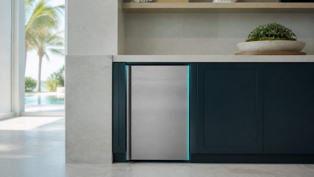 A narrow brushed stainless appliance front flush in dark cabinetry beneath a pale worktop, completely unlit and unmarked, photographed straight on in a dim room with one turquoise reflection along its edge.