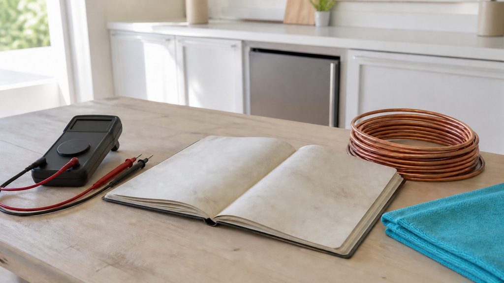 A worn service notebook lying open beside a multimeter and a coil of copper tube on a pale timber bench in workshop daylight, the pages shown at an angle so nothing can be read, a turquoise cloth folded at the edge.