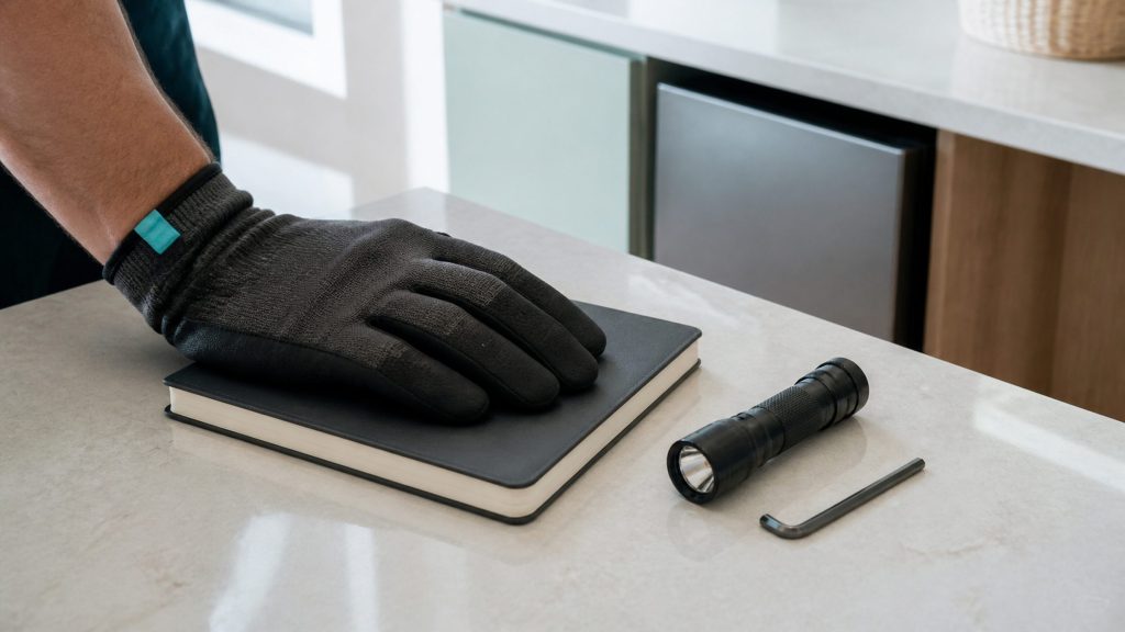 A close view of a technician's gloved hand resting on a closed notebook on a pale stone worktop beside a torch and a hex key, no writing visible, soft window light.
