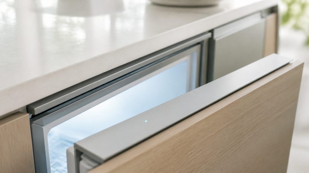 A close raking view along the top inside edge of an open built-under cabinet door where the control strip sits, one small indicator glowing turquoise, the surface around it plain and completely unmarked, cold interior light behind.