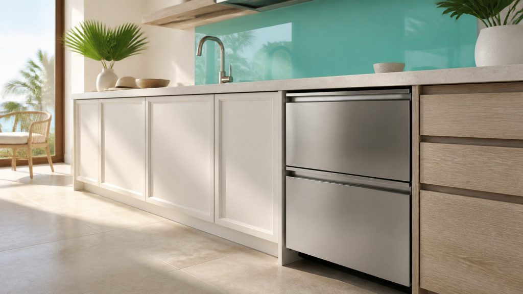 A bright South Florida kitchen photographed along the counter run in morning light, pale off-white cabinetry and a light stone worktop, a stainless undercounter refrigeration drawer unit built in beneath the counter at the right, a turquoise glass splashback catching the light.