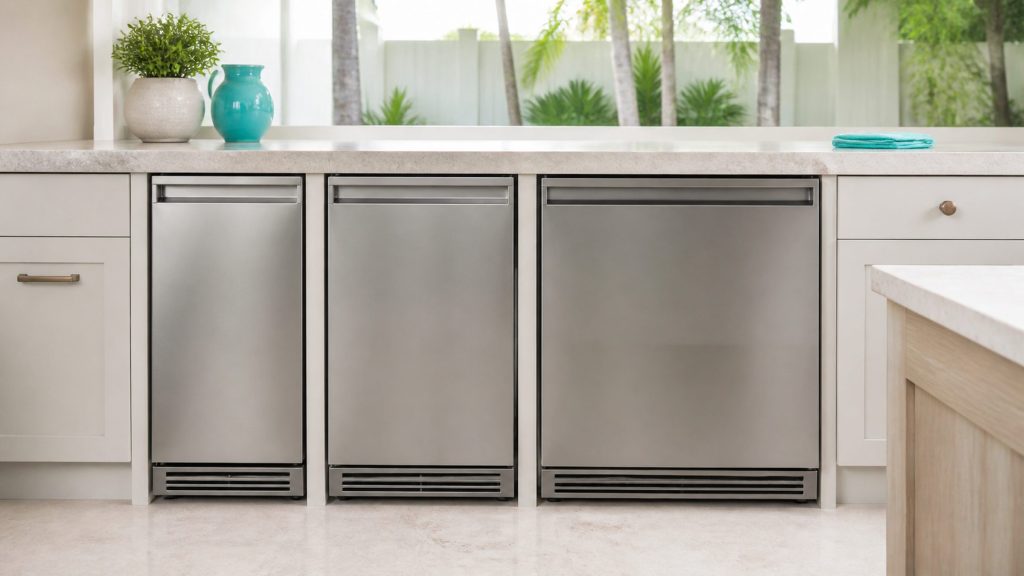 Three built-under stainless appliance fronts of visibly different widths standing side by side in a pale cabinet run beneath one continuous stone worktop, photographed straight on in bright even daylight, no lettering on any of them.