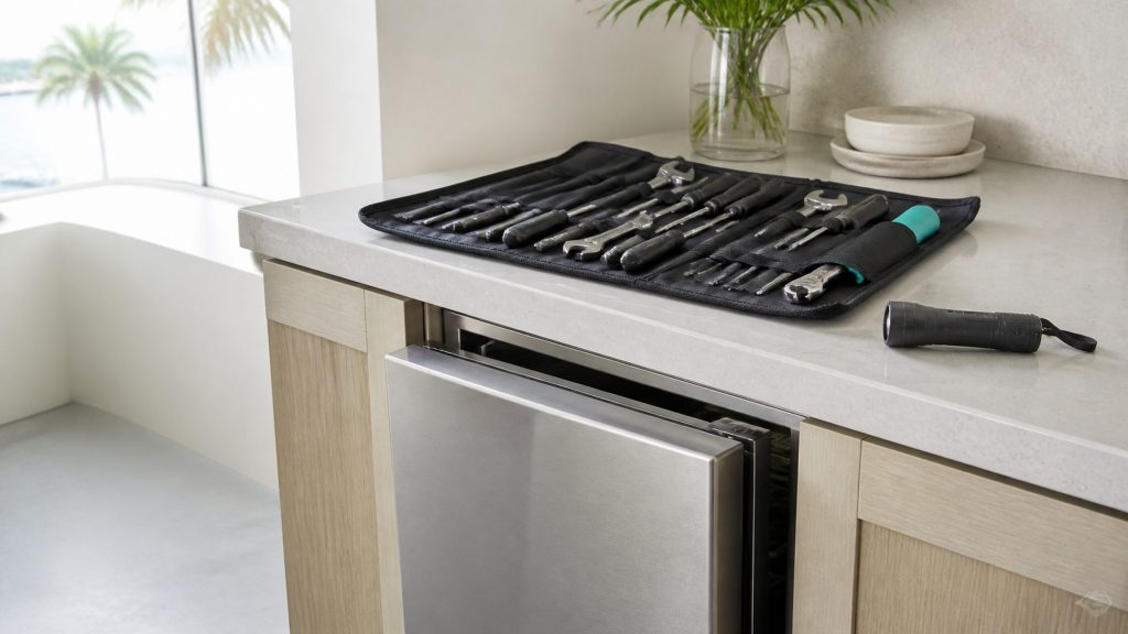 A technician's open tool roll and a torch lying on a pale stone worktop directly above a built-under stainless cabinet door that stands slightly ajar, cool daylight from a window at the left, pale cabinetry.