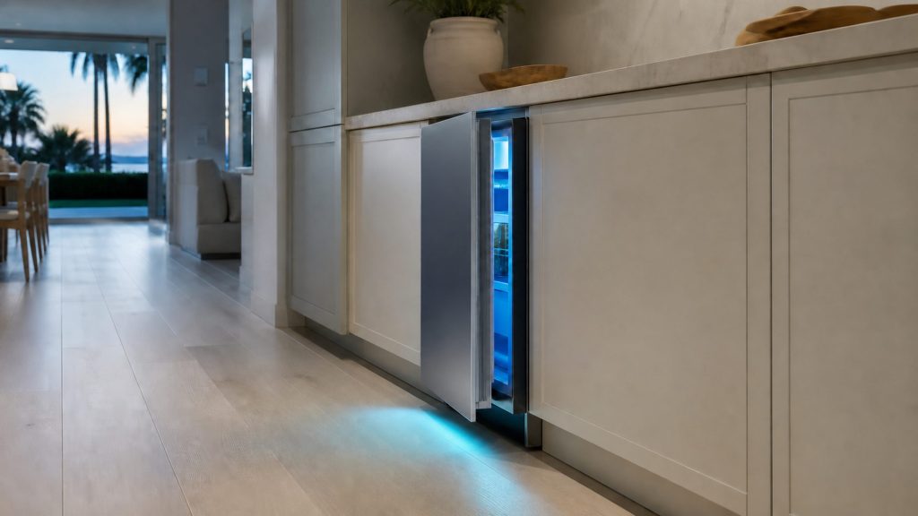 A pale kitchen at dusk where one built-under stainless door beneath the worktop stands a hand's width open, cold blue light spilling from inside across the light floor, the rest of the room in soft grey-green shadow.