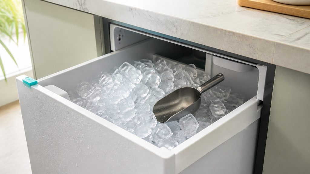 A close view of clear machine-made ice cubes heaped in a white plastic storage bin with a metal scoop resting on top, condensation on the bin wall, cool daylight from above.
