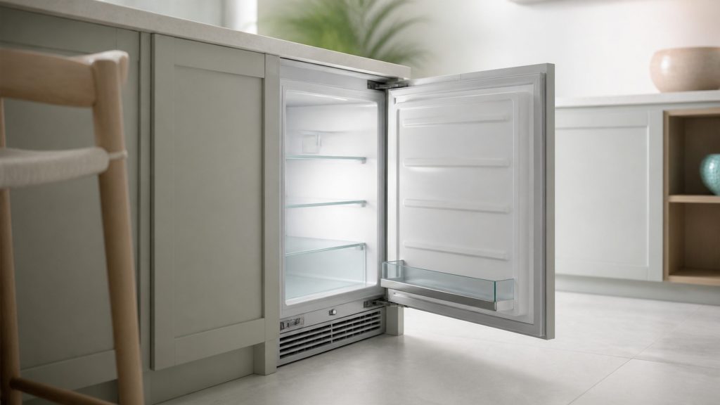 The lit interior of a small undercounter cabinet seen through its open door in a dim room, a soft even white glow across empty glass shelves, the pale kitchen around it dark and out of focus.