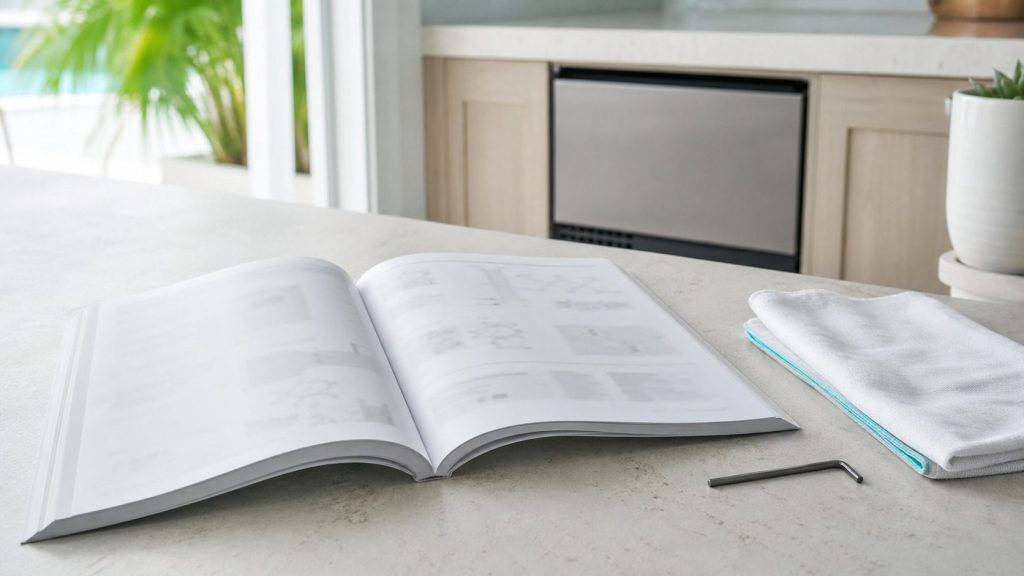 An open service manual lying face up on a pale stone worktop beside a folded cloth and a hex key, the pages shown at a shallow angle so no word can be read, soft daylight from the left.