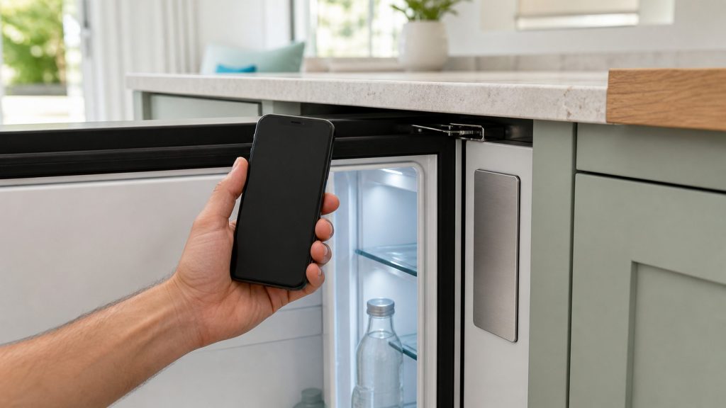 A hand holding a phone up to photograph a blank brushed metal plate inside the door frame of a built-under refrigerated cabinet, the phone screen dark and empty, the cabinet interior lit cold behind it, pale joinery around.