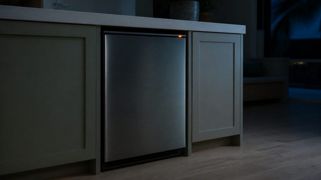 A closed built-under stainless cabinet door beneath a pale worktop in an unlit kitchen at night, a single small amber indicator glowing on its top edge, everything else in near-black.