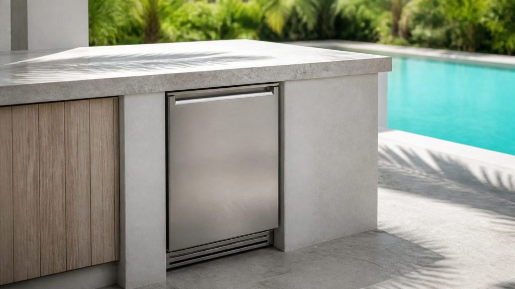 An outdoor kitchen counter on a shaded terrace beside a swimming pool, a stainless built-under cabinet set into pale rendered masonry beneath a stone top, palm shadow across the surface, bright Florida daylight, turquoise water out of focus behind.