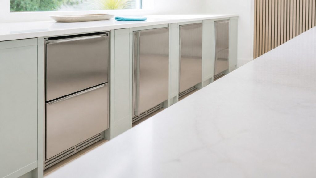 A pale cabinet run photographed obliquely so the stainless built-under fronts recede into soft focus, cool morning light, the near half of the frame plain worktop.