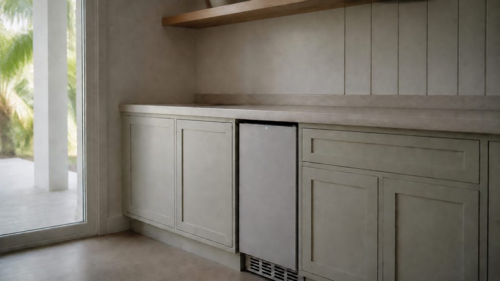 A dim pale kitchen with one small turquoise indicator glowing on the top edge of a closed built-under door, the rest of the frame quiet shadow and empty worktop.