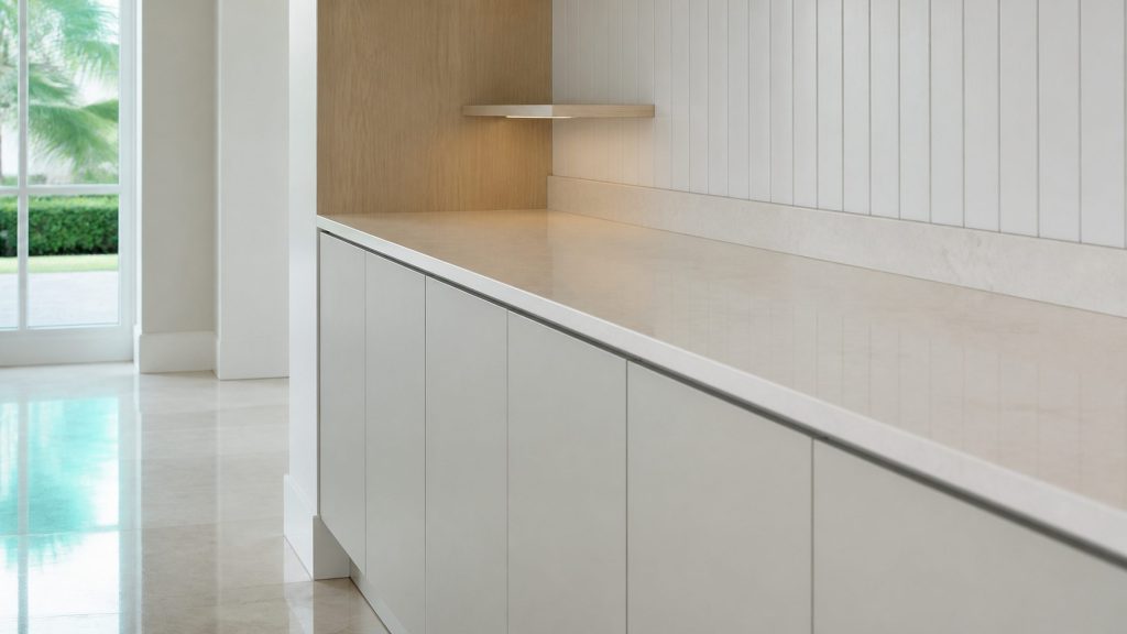 A quiet pale kitchen corner in soft daylight, an empty stone worktop running out of focus to the right, a turquoise reflection on the polished floor, no appliance in view.