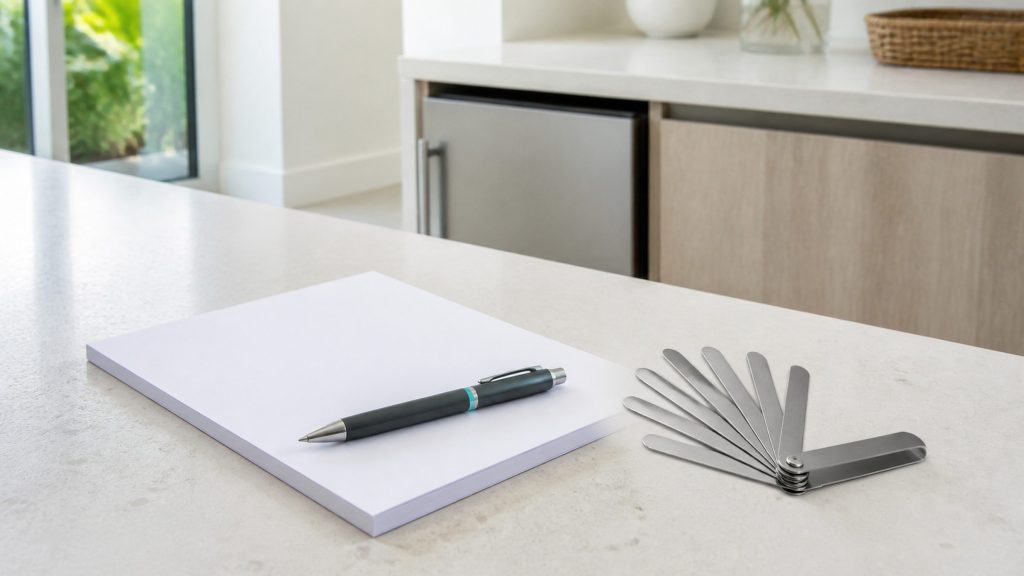 A pen lying across a blank pad on a pale stone worktop beside a set of feeler gauges, soft daylight, no writing anywhere, the rest of the frame clear.